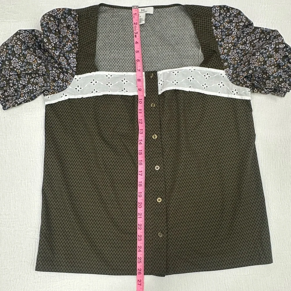 Halston Heritage Green Buttoned Front Blouse with floral puff sleeves NEW - Picture 8 of 9